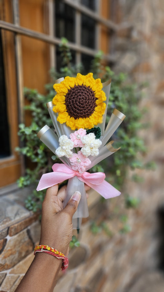 Handmade Crochet Single Sunflower Mini Bouquet – Aesthetic Forever Floral Gift