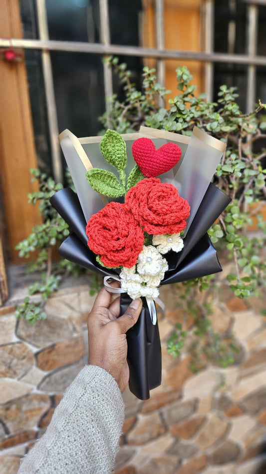 Handmade Crochet Mini Rose Bouquet with Heart
